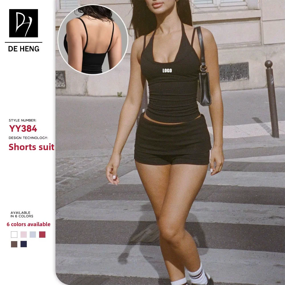 Custom Halter Shoulder Strap Top Yoga Set Fold-down Waist Short Fitness Sports Suit Female Elastic Waistband Gym Workout Set