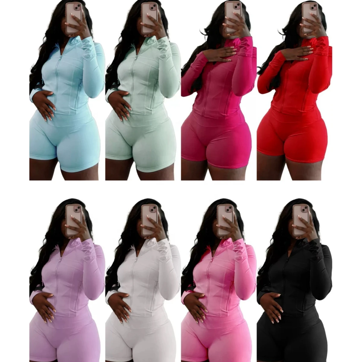 15 Colors Summer Quick Drying Yoga Set Casual Sport Stretch 2 Piece Short Set With Long Sleeve Cardigan Crop Top With Pocket