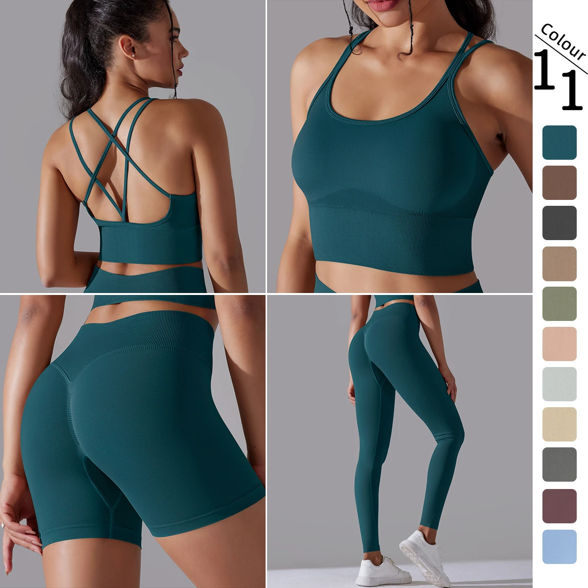 Women's Breathable Compression Yoga Shorts Bra Set Quick-drying Stretch V-cut Stretch Back Fitness Sportswear with Spandex&Nylon