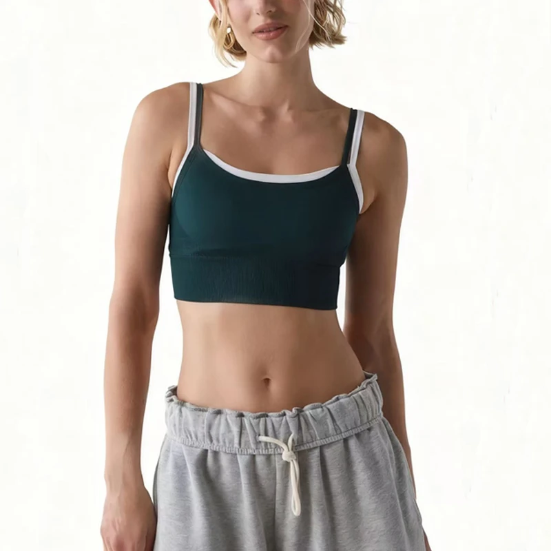 Customized Logo Dance Sports Bra for Women Contrast Color Double Layer Yoga Bras Slim Shoulder Strap Light Gym Vest Top