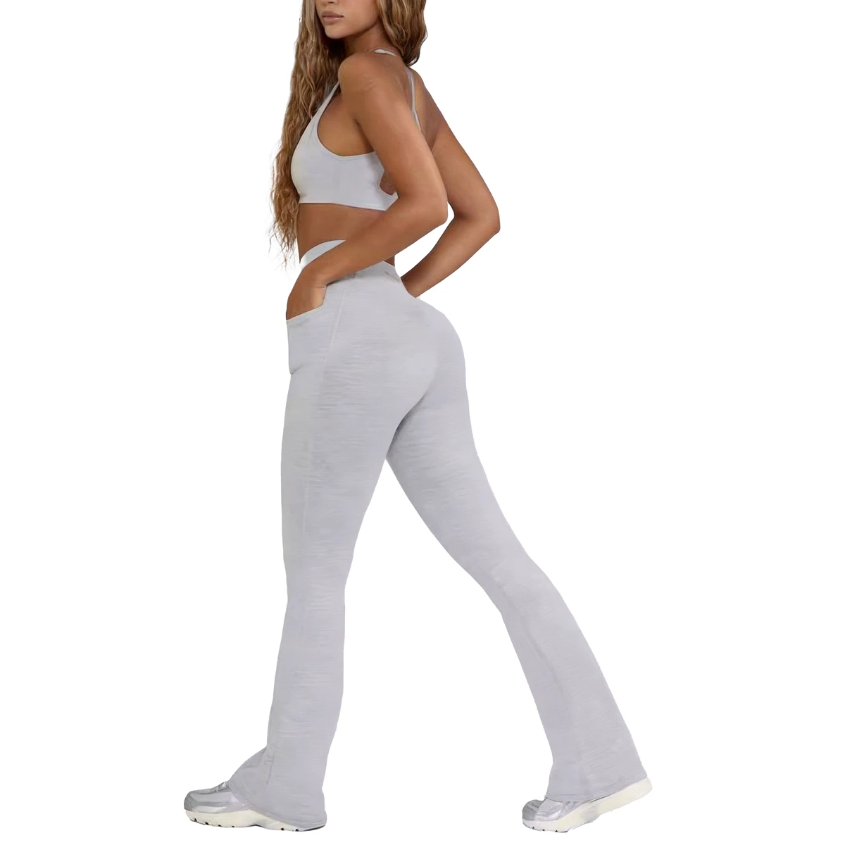 Women's High-Waisted Yoga Pants Elastic Waist Closure Custom Logo Flare Leggings Soft Nylon Workout Sculpt Flared Trouser Pocket