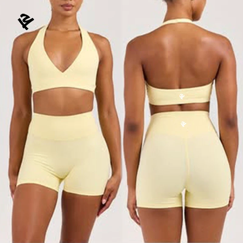 Women Halter Neck Crop Top High Waist Biker Shorts Set Light Yellow 2 Piece Yoga Activewear Gym Fitness Lounge Outfit Sportswear