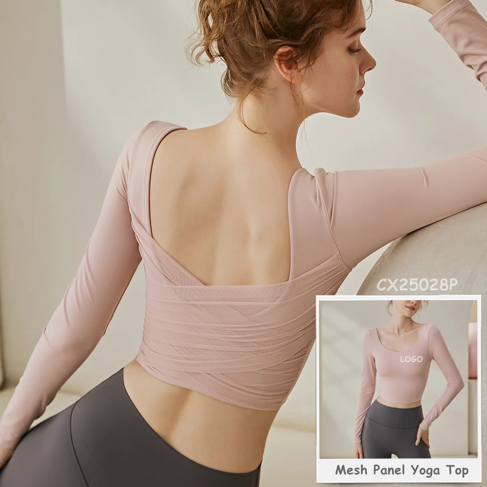 Women's CX25028P Premium Activewear Breathable Mesh Cross Back Long Sleeve Yoga Pilates Crop Top Built-In Bra Lightweight For