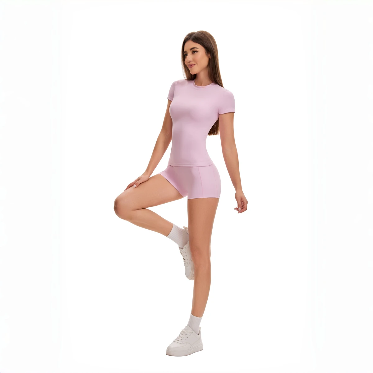 (Overseas Warehouse Shipping) 2026 New Arrival High Elastic Waist Eco-Friendly Four-Way Stretch Solid Color Yoga Shorts 2-Piece