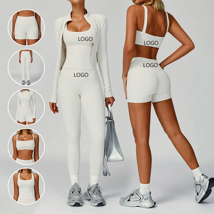 Custom 5PCS Seamless Yoga Set High Waist Ribbed Leggings Sports Bra Quick Dry Breathable Activewear Women Gym Fitness Workout