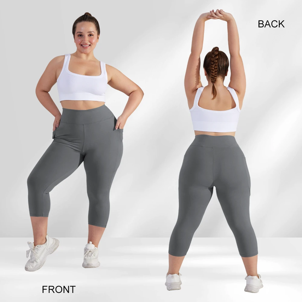 Plus Size High Waist Capri Yoga Leggings With Pockets, Squat Proof Non See Through Workout Pants