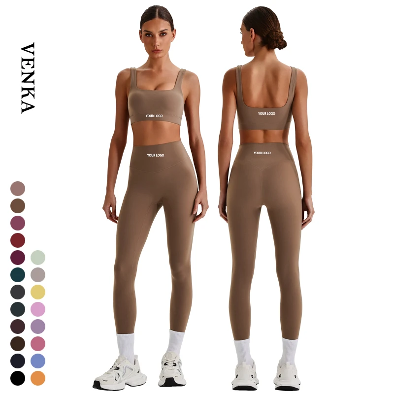 Women Solid Quick Dry Yoga Set Square Neck With Chest Pad U-Shaped Beautiful Back Bra High Waist V-Shaped Butt Lift Leggings