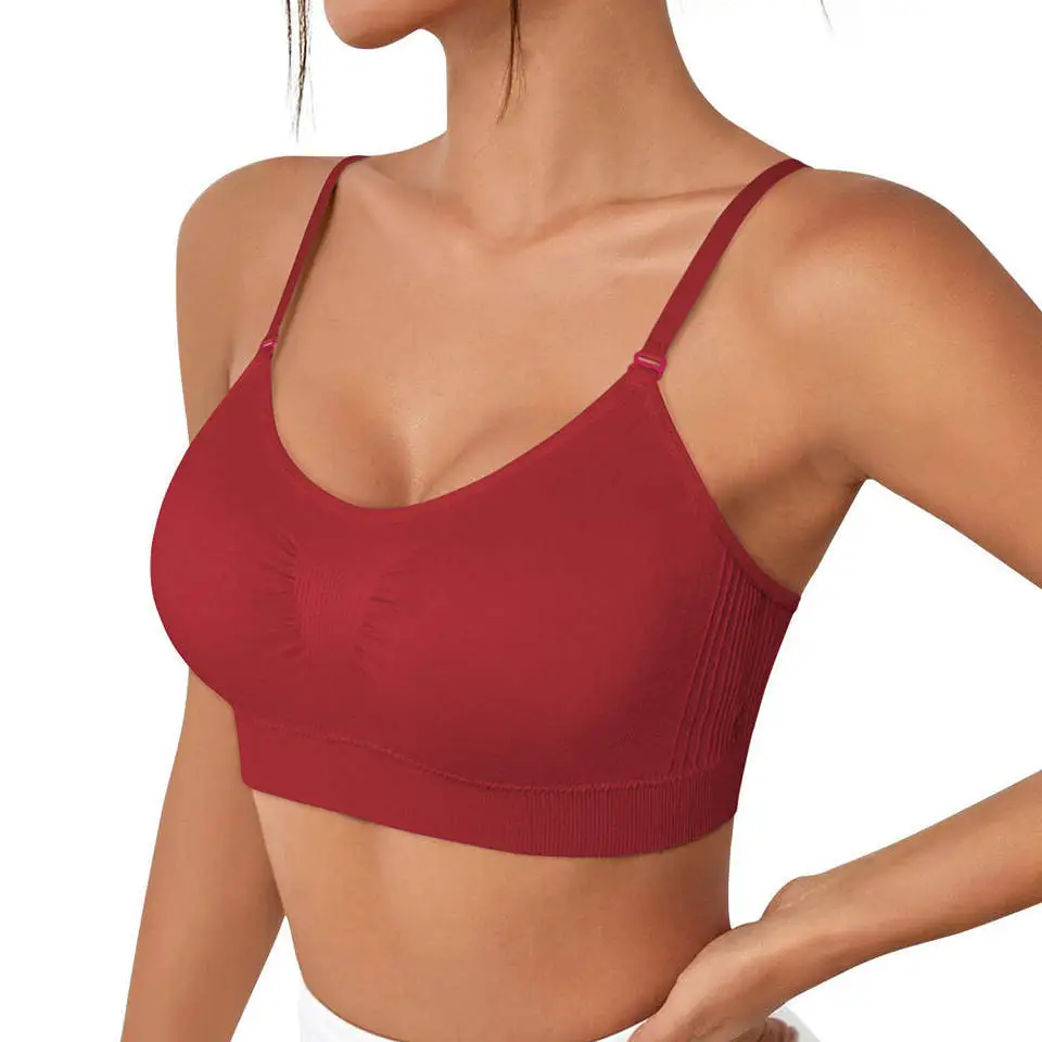 Seamless Breathable High Elasticity Shockproof Simple Sports Yoga Bra Women Adjustable Thin Straps Front Logo High Support