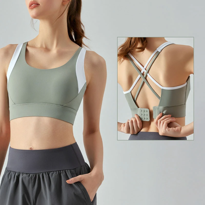 Women's 2025 Hot Sales Color Contrast Back Cross Strappy Gym Bras Hook and Eye Adjustable High Impact Sports Bra