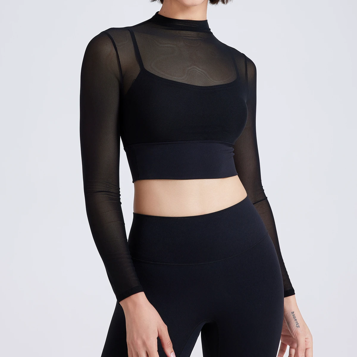 Love Nature Lightweight Sexy Mesh Yoga Top Long Sleeve Quick-Dry Sports Bra Breathable Soft Fitness Shirt Integrated Chest Pads