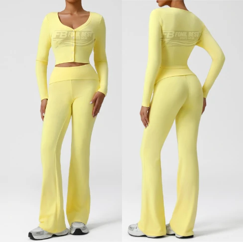 High Quality Solid Active Wear Spandex/Polyester 220g High Elastic Waist Yoga Flare Leggings Breathable Two Piece Gym Set Women
