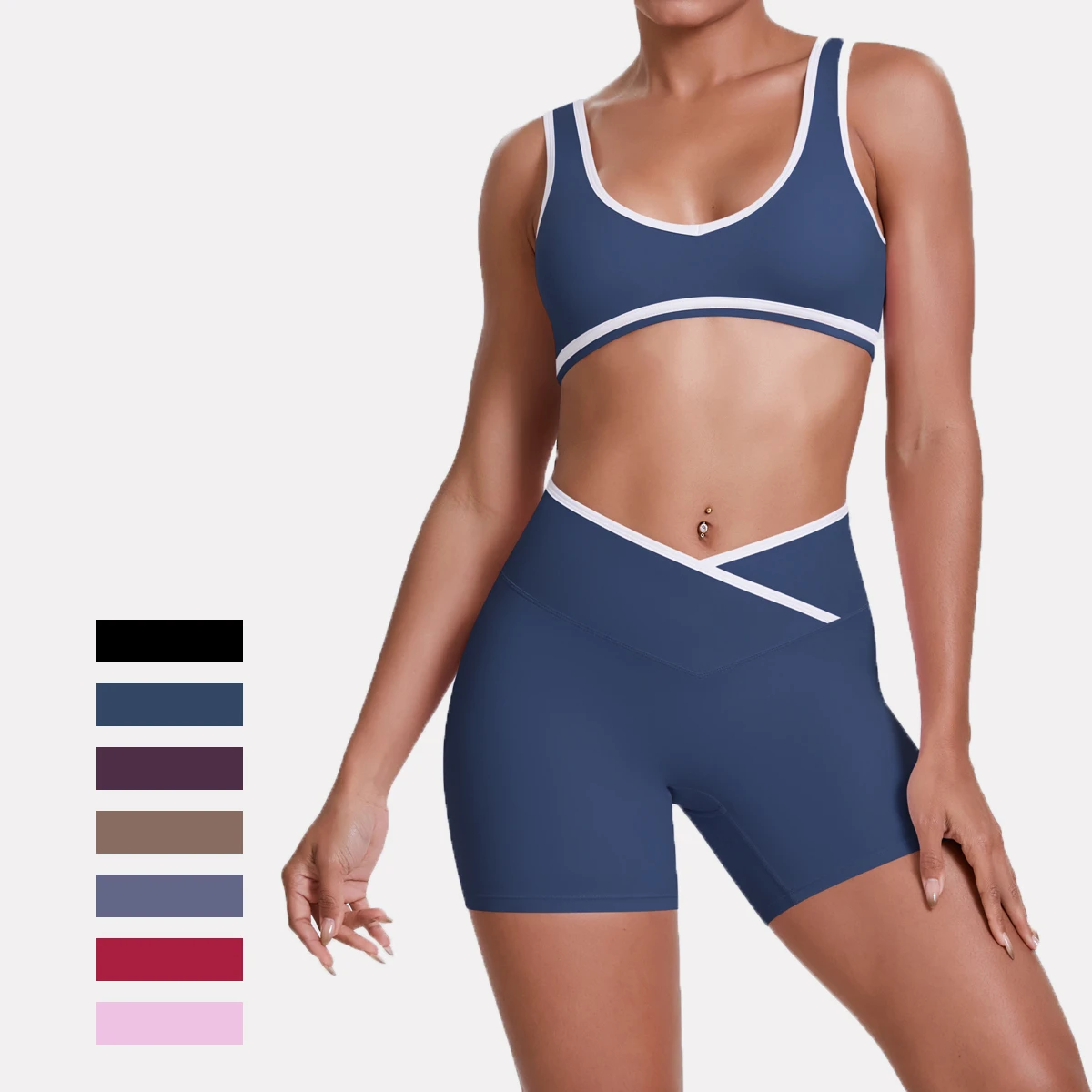 High Quality Cross High Waist Shorts Sports Yoga Bra Set Contrasting Sports Bra Tight Yoga Pants Two Piece Set for Ladies