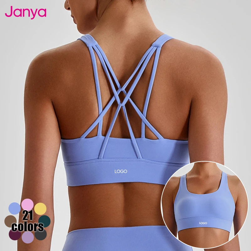 Janya Custom Front Logo Wholesale Breathable Solid Cross Back Yoga Bra High Support Four-Way Stretch Crew Neck Sports Bras Women