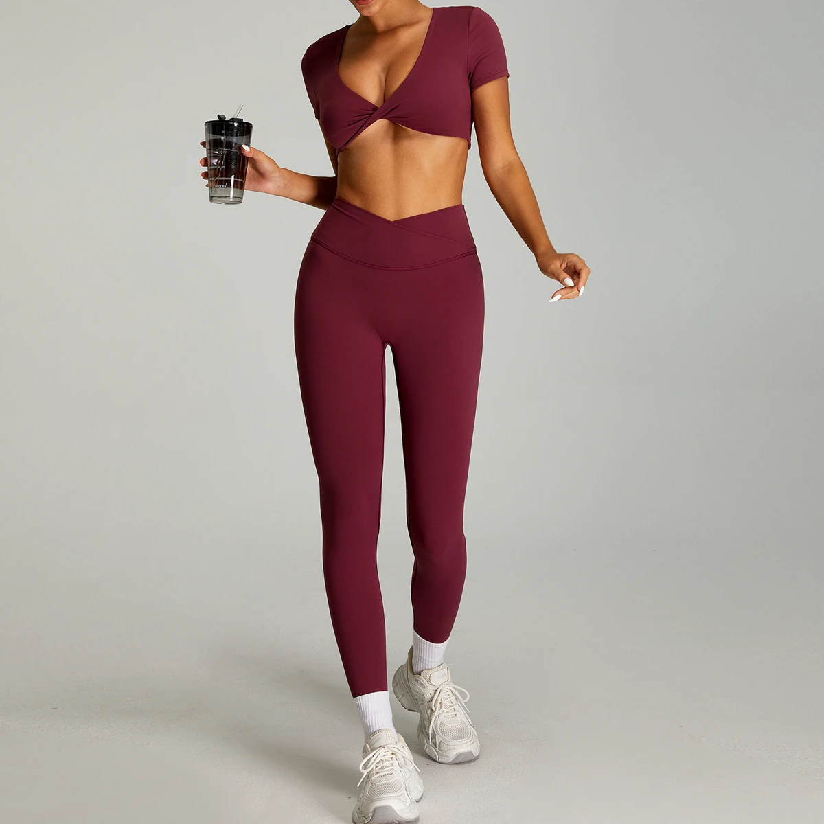 Women's Solid Crisscross Strap Yoga Suit 2-Piece Set Full Length Flared Leg Quick-drying Fitness Clothing for Outdoor Sports
