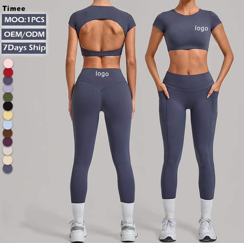 Custom Logo Short Sleeve Backless Crop Top High Waist Leggings with Side Pockets Workout Gym Tracksuit 2 Pcs Yoga Set for Women