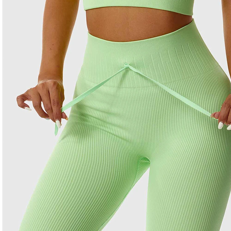 Ribbed Spandex Fabric Yoga Leggings Drawstring Waist Design High Waist Long Pants Four Ways Stretch Workout Yoga Set Women