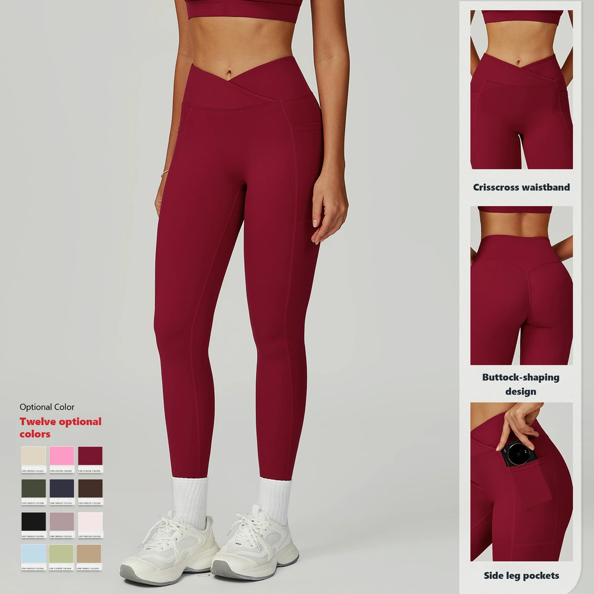 XW-ECK2030-1 Custom Women's V-Cross Waist Yoga Leggings High Waisted Tummy Control Gym Leggings with Side Pockets