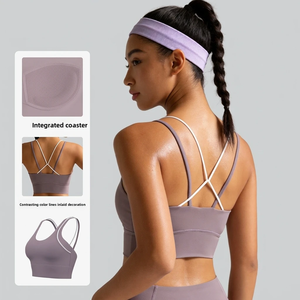 Contour-Fit High Support Shock-Proof Yoga Sports Bra Non-adjusted Straps Spandex/Nylon Material Back-Supporting Design
