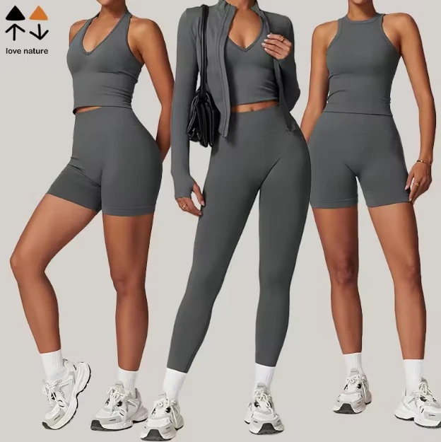 Custom Logo Women's 3-Piece Yoga Set Spandex/Nylon Breathable Quick Dry Lightweight Elastic Waist Stand Neckline Solid Backless