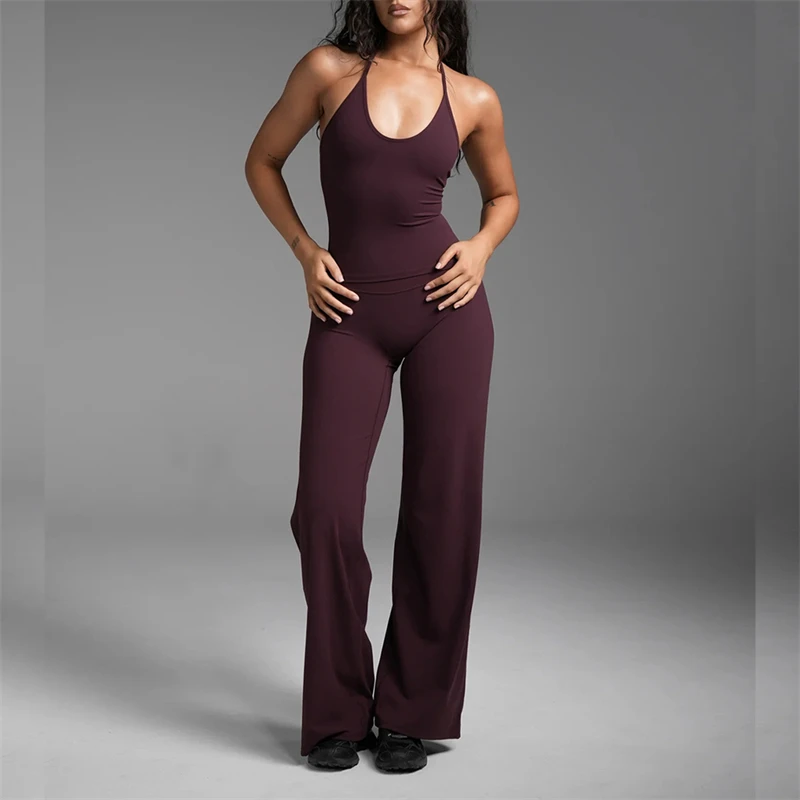 Nude Felling Halter Backless Vest Wide Leg Pants Women Daily Casual Sport Wear 2pcs Yoga Fitness Clothes Sets for Gym Girls