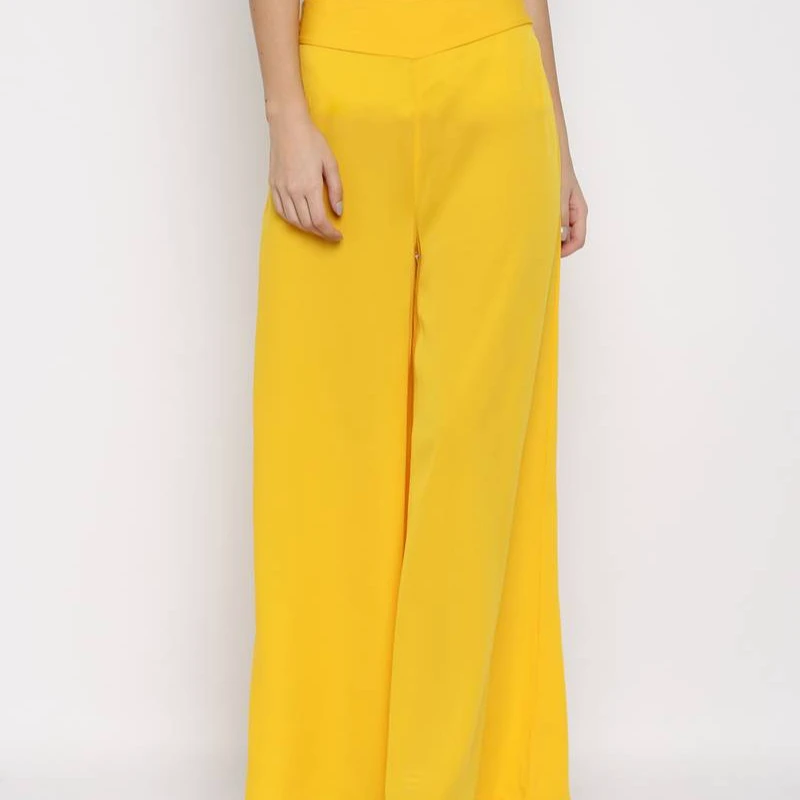 New Arrival Yellow Rayon Elastic Waist Mid Rise Summer Wrinkle Free Ankle-Length Palazzo Pants for Women