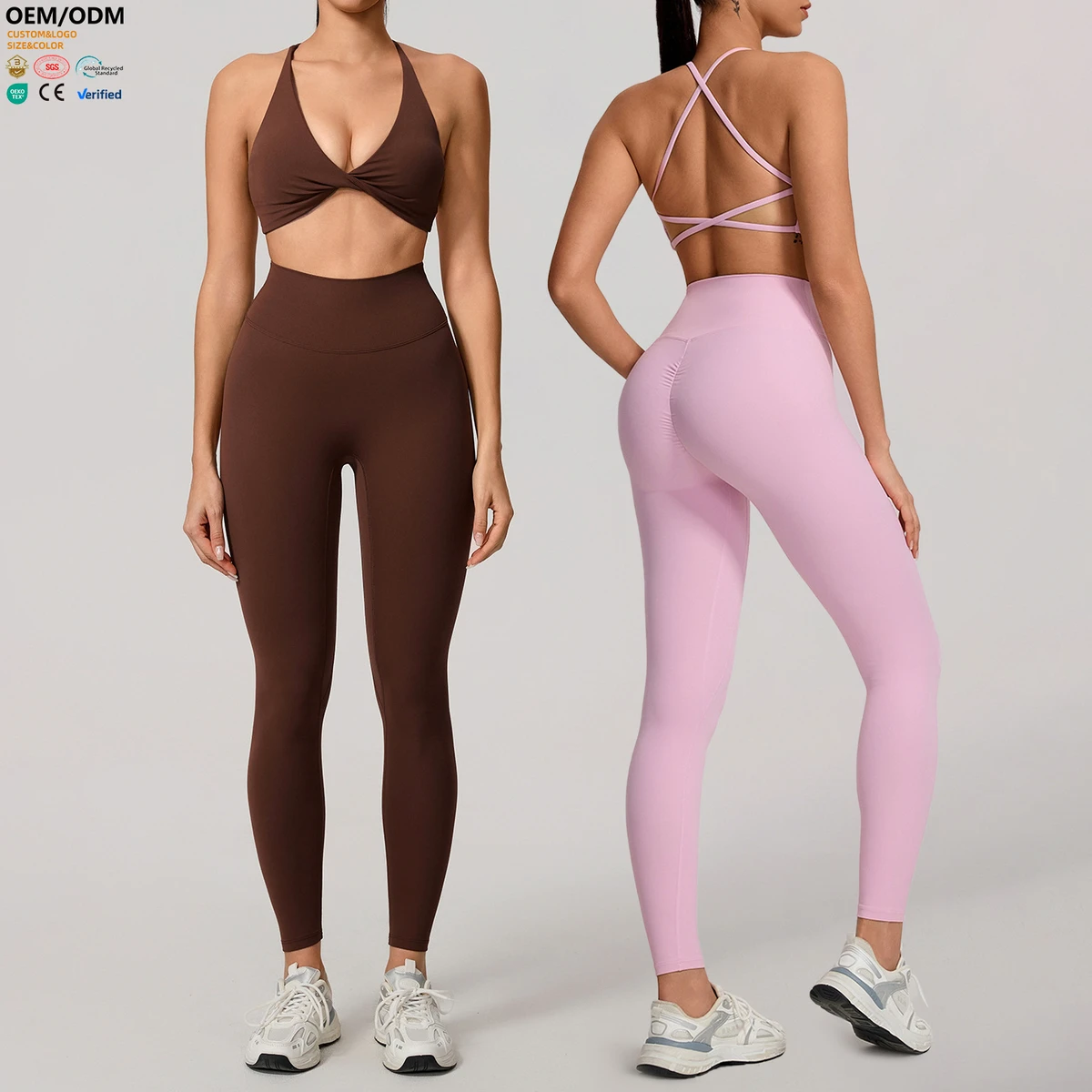 XW-8518-2 Custom Sports Bra Twist Design High Waist Leggings Solid Breathable Fitness 2 Piece Gym Clothing Women Yoga Wear Set