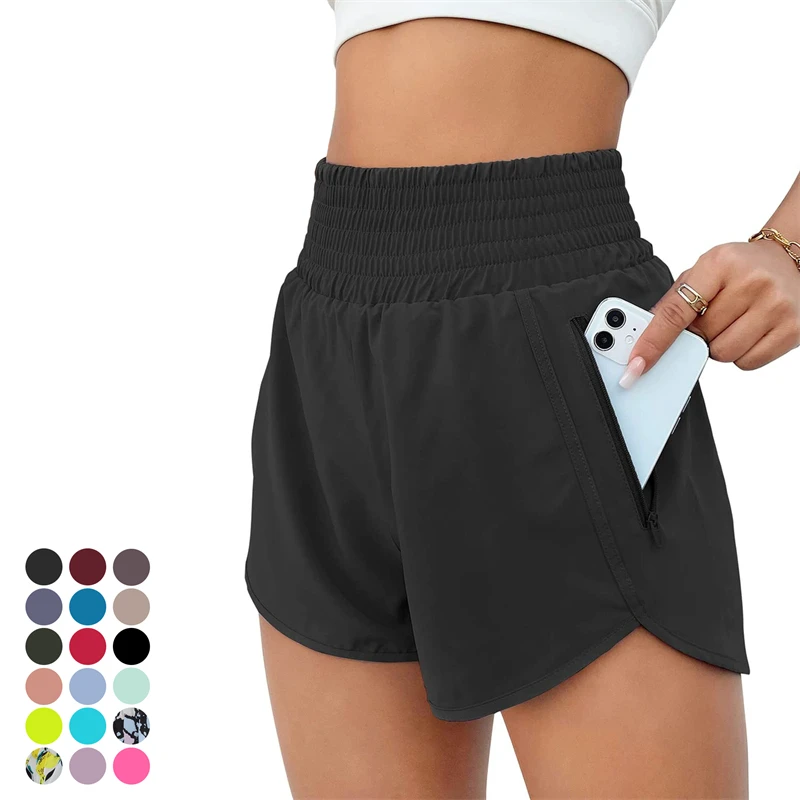 Women's Athletic Shorts Pocket Sporty Gym Elastic Workout Yoga Sport Shorts With Inner Briefs Womens Shorts High Waisted Running