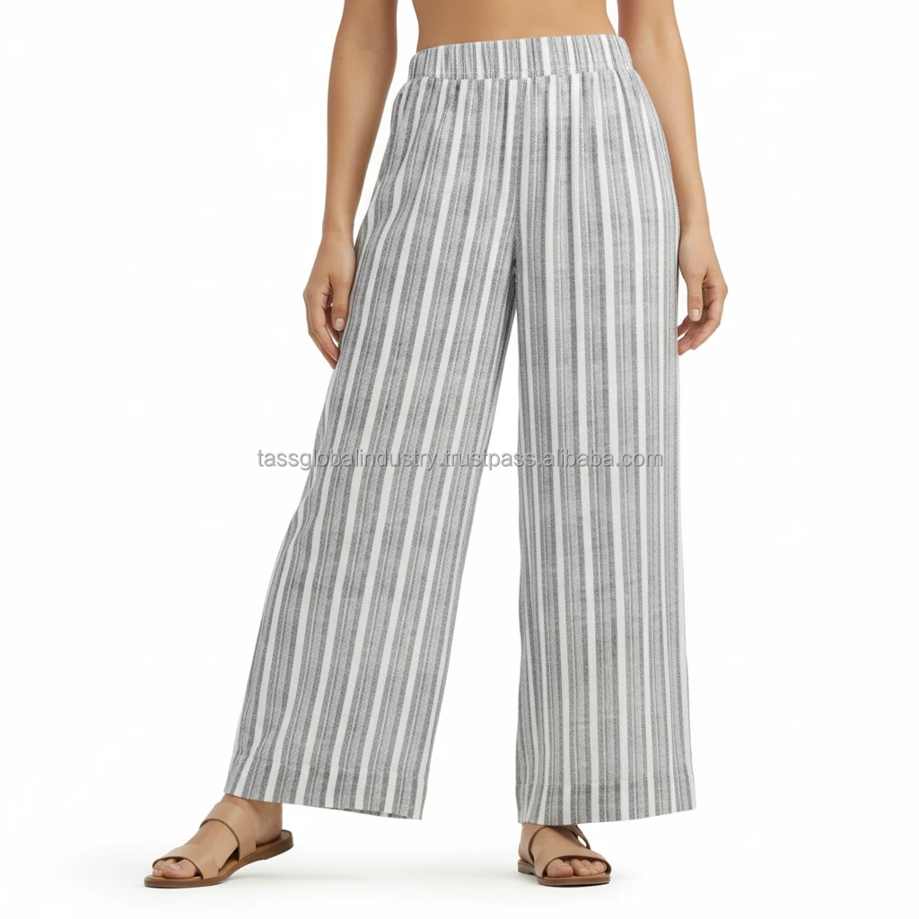 Casual Female Linen Mid Waist Palazzo Pants Drawstring Wide Leg Lightweight Winter Beach Striped Vintage High Quality
