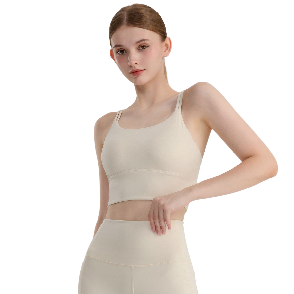 Women's Lightweight Breathable Sports Bra with U Neck Padding Cross Back & Thin Strip for Running & Workout Nude Color