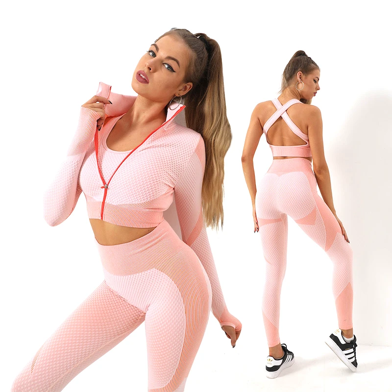 Top Selling 3PCS Seamless Striped Active Wear for Girls, Bespoke Yoga Bra + Zipper Jacket Top + Leggings Leisure Sportswear Set