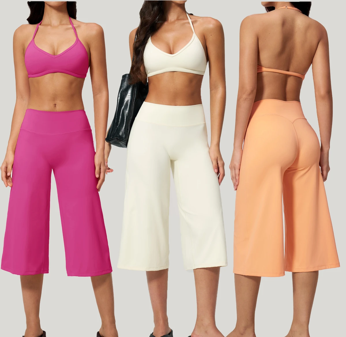 YY 2 Piece Adjustable Halter Backless Bra Yoga Sets Wide Straight Leg Capri Pants Gym Pilates Outfits Workout Sets for Women