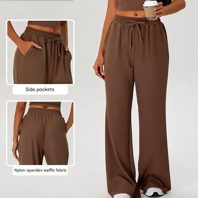 Women High Waist Drawstring Loose Side Pockets Elastic Waist Spandex/Nylon Solid Tummy Control Sweat-Wicking Casual Sports Yoga