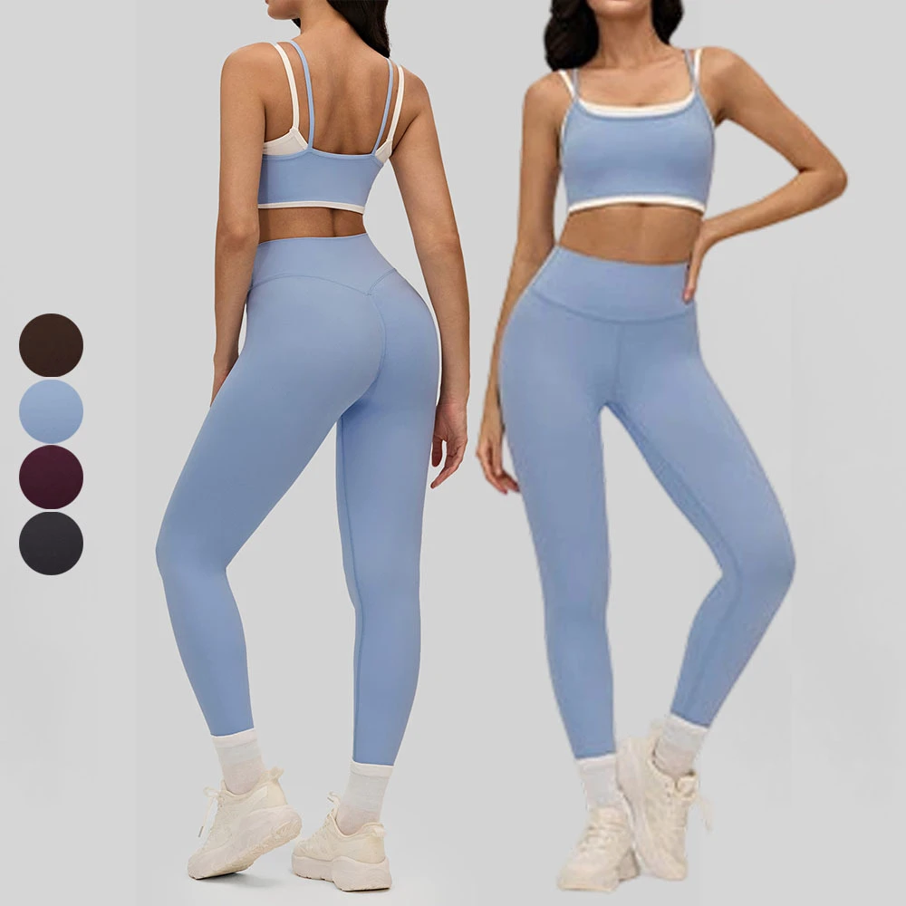 Custom Color ConNect Elastic High Waist Leggings Yoga Suit Double Layer Shoulder Strap Running Sport Gym Fitness 2-Piece Set