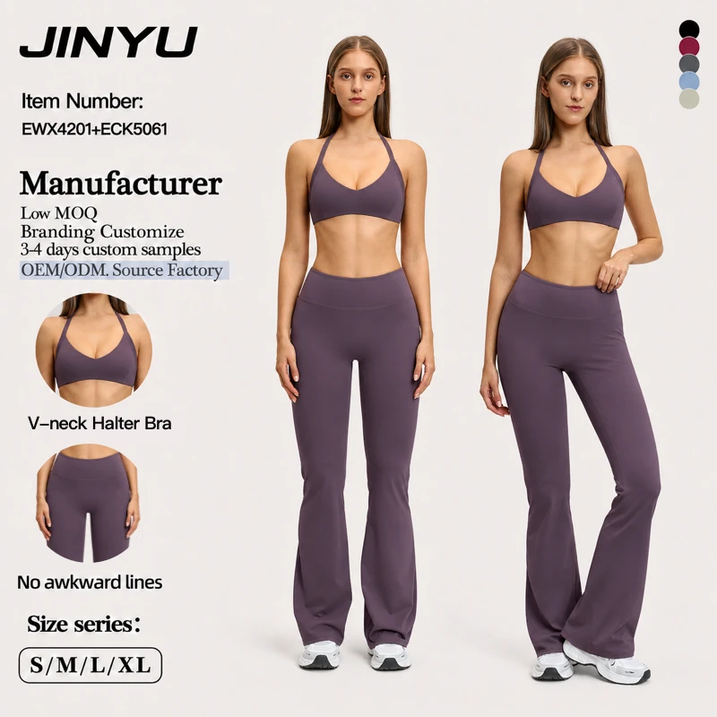 Women's V-Neck Sling Yoga Set - Tummy Control Butt Lifter Flared Leg Gym Wear High Waist Workout Tracksuit OEM Customizable