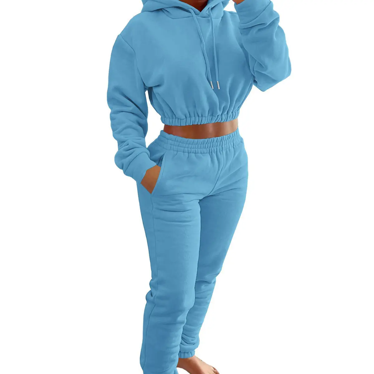 Full Custom Women's Winter Solid Hooded Streetwear 2-Piece Tracksuit Set Drawstring Tall Girl Flared Leggings 100% Cotton