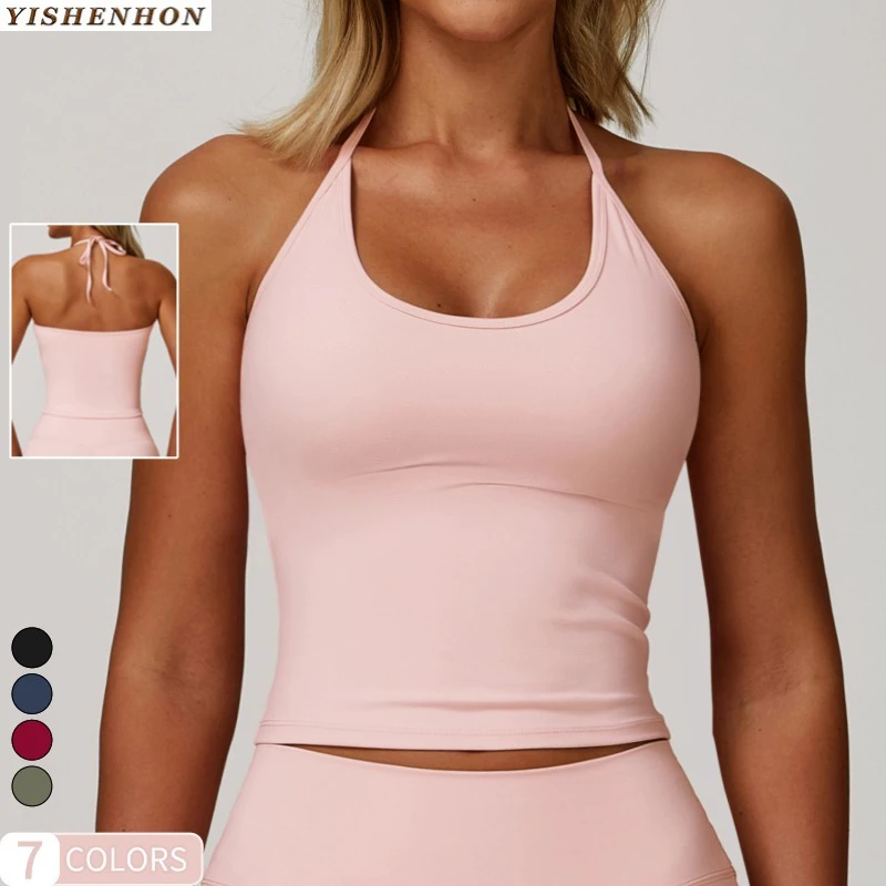 YISHENHON Summer Customized High Quality Lace-up Neck-hanging Yoga Vest for Womens Tight Quick-Drying Fitness Top Sport Bra