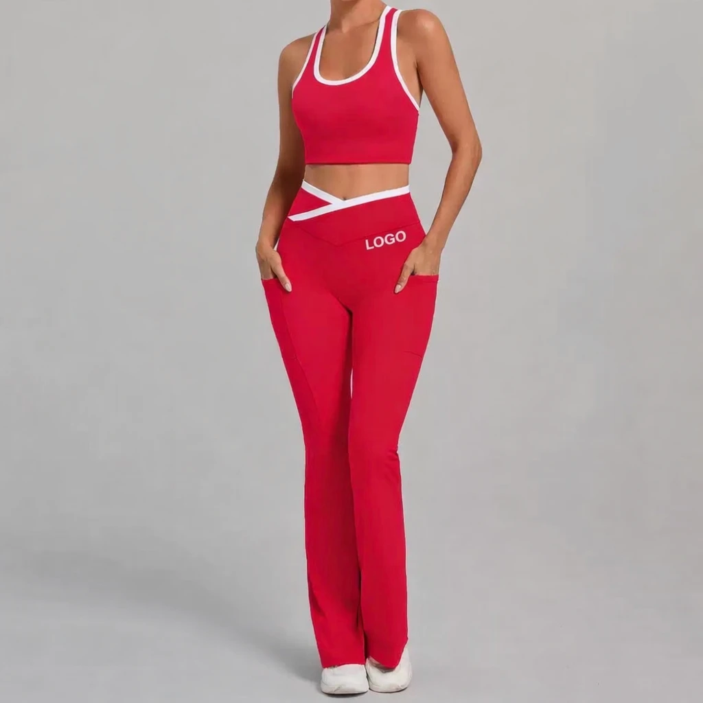 Women's High Waisted Flare Yoga Pants Set Contrast Trim Sports Bra & Flared Leggings Gym Workout Activewear Set