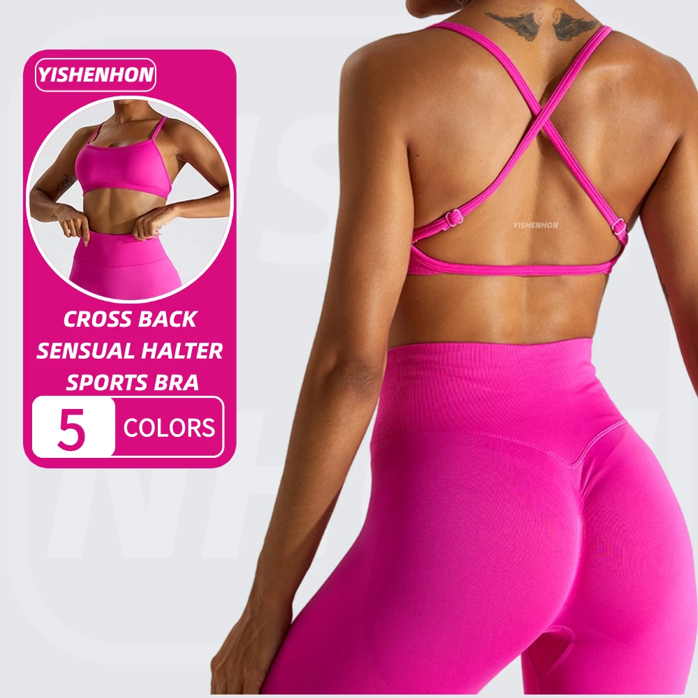 YISHENHON Seamless Active Wear Thin Straps Cross Back High Impact Yoga Top Workout Fitness Adjustable Sports Bra for Women