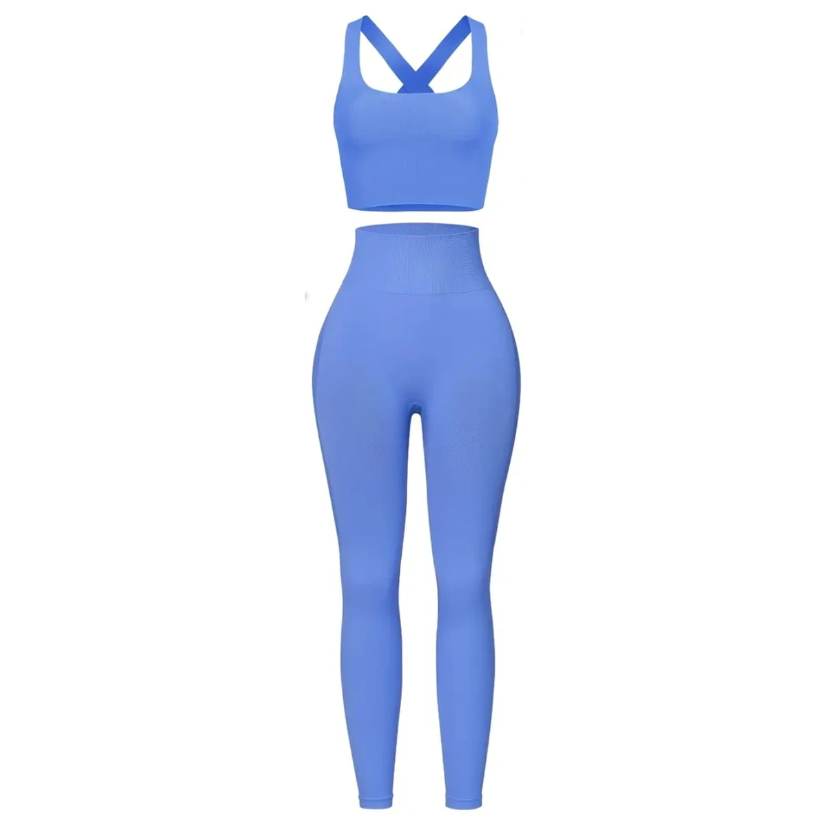 Blue 2 Piece Yoga Set Crop Top With Crisscross Straps High Waist Full Length Leggings Seamless Solid Color Activewear