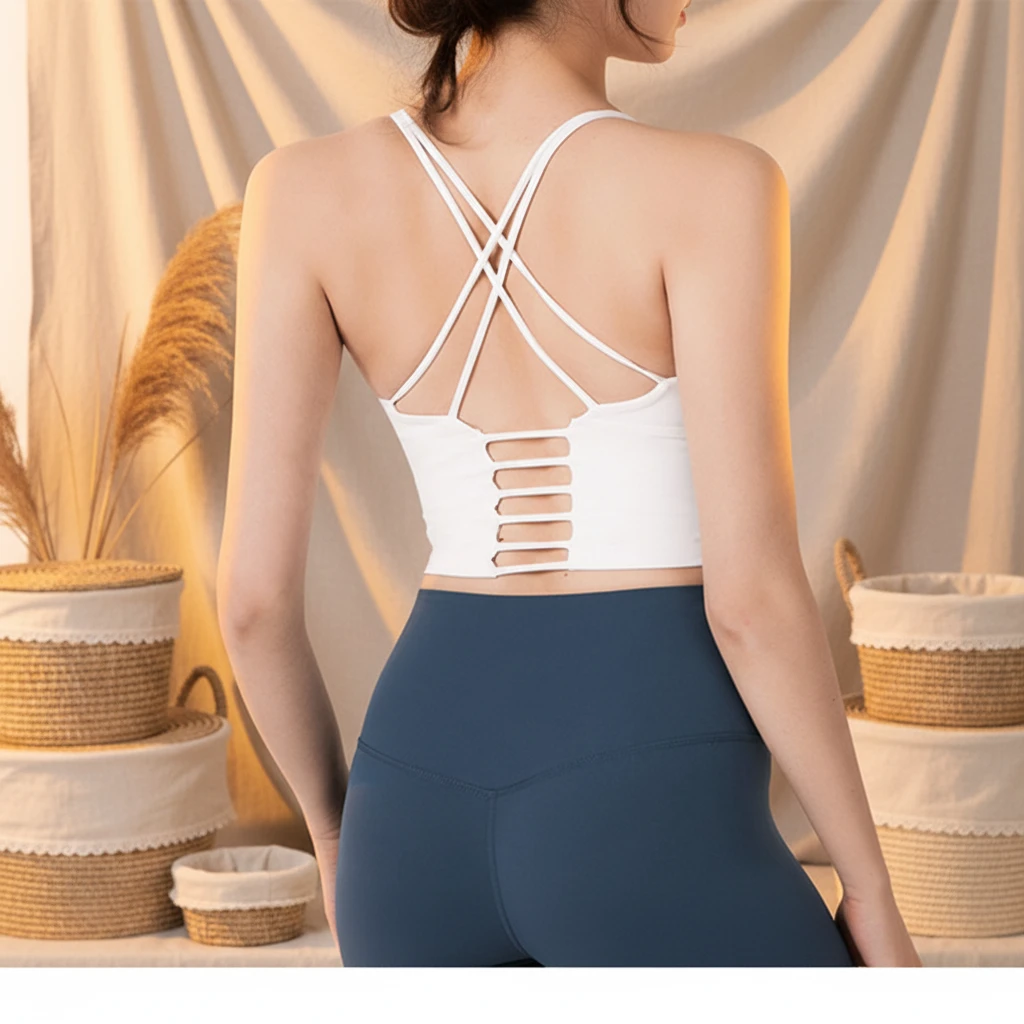 HUACHEN Lightweight High Support Yoga Vest Sports Bra with Crisscross Straps and Front Logo for Women