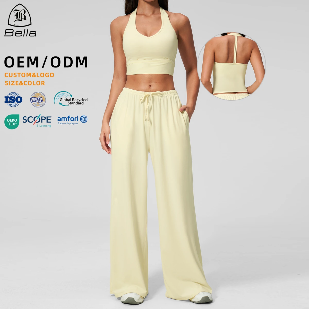 OEM/ODM Custom Women 2 Piece Sports Gym Wear Activewear Sets Halter Tank Tops High Waist Hip Enhancer Yoga Flare Pants