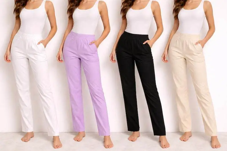 Women's Straight Leg Cotton Pants Mid Waist Elastic Waist Solid Color Casual Full Length Loose Fit Breathable Summer Trousers