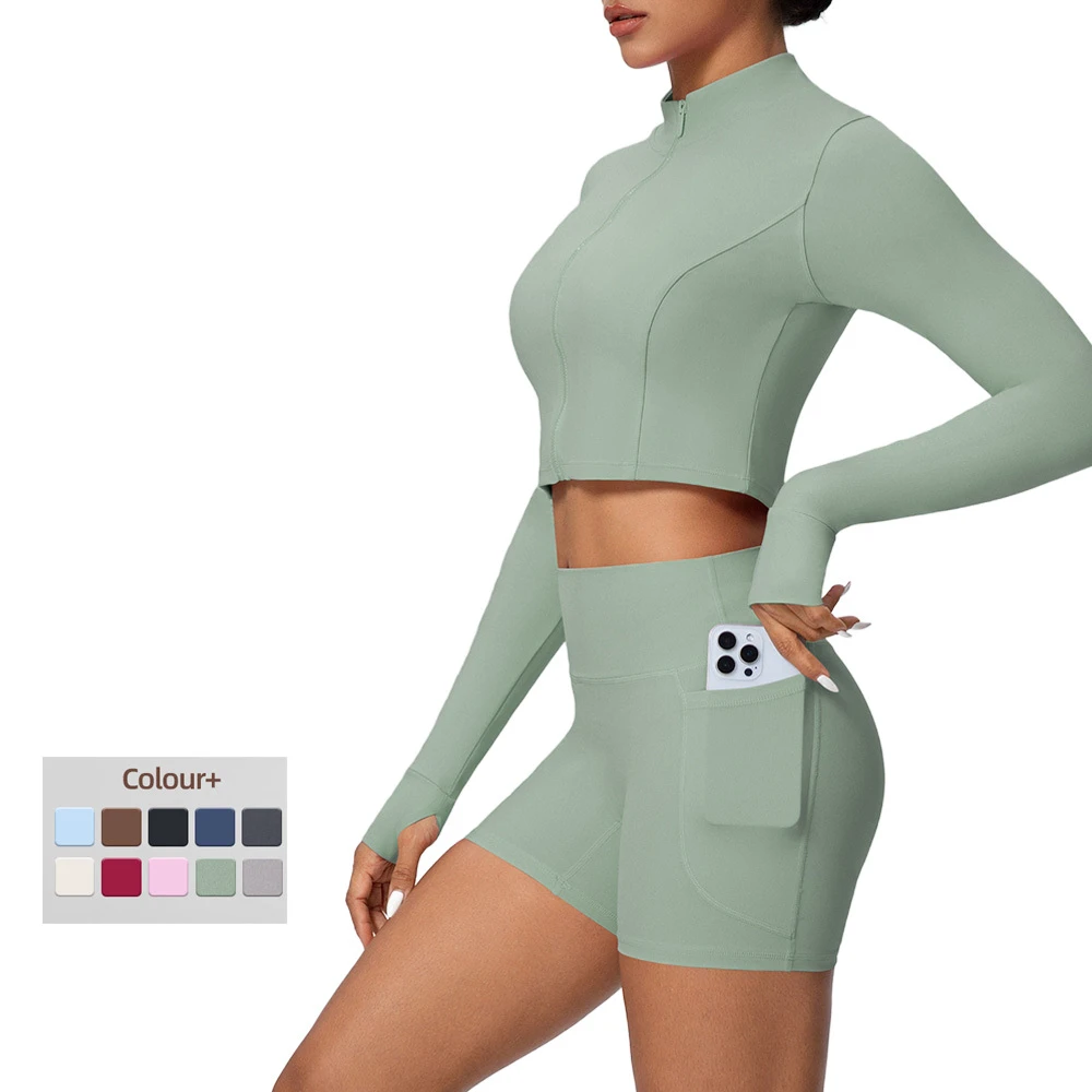 Women's 2-Piece Yoga Set Cropped Zip Jacket High Waist Shorts Solid Lightweight Buttery-Soft 4-Way Stretch Breathable