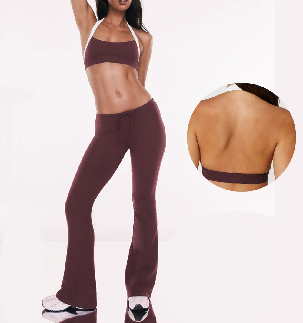 Halter Neck Backless Sports Bra and Flare Pants Set 2 Piece Yoga Outfit V-Waist Workout Gym Clothing Sportswear for Women