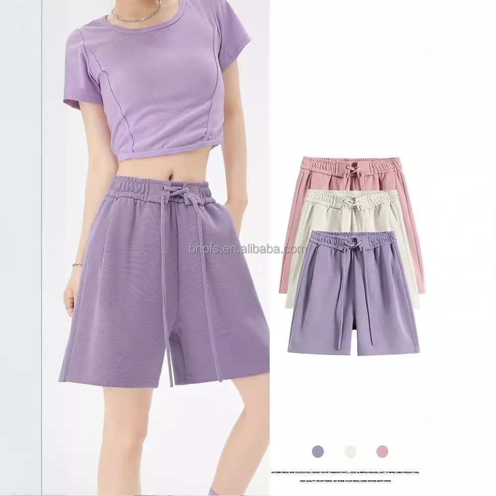 High Waist Yoga Shorts Casual Drawstring Cotton Polyester Sports Training Shorts With Pockets