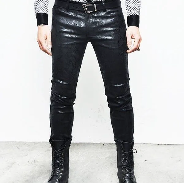 2025 Wholesale High Quality Snakeskin Design Leather Pants Breathable Black Fashion Casual Style Flat Front Waist for Winter