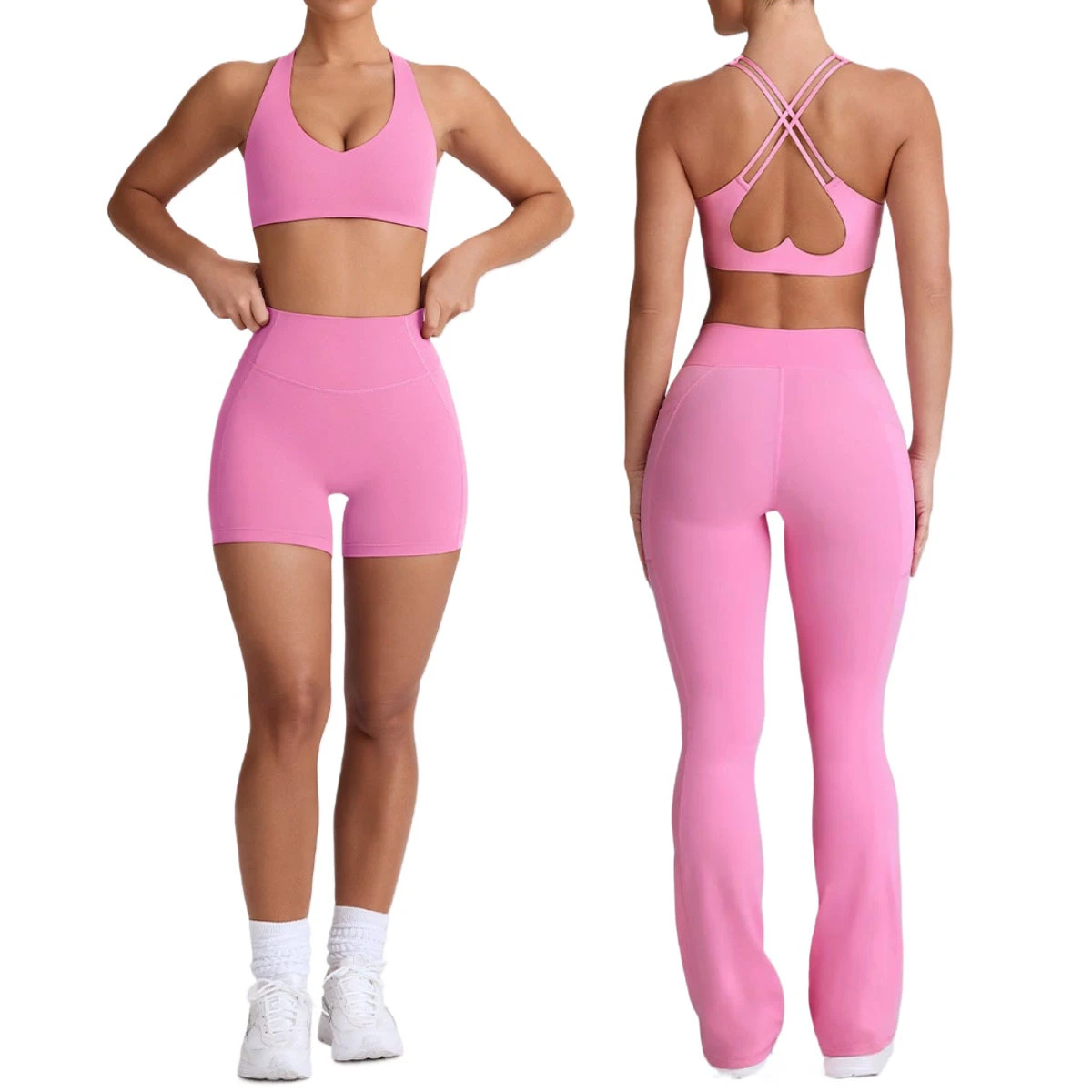 Women's Strappy Nude-Feel Sports Bra Yoga Set with Quick-Dry Yoga Pants for Outdoor Fitness