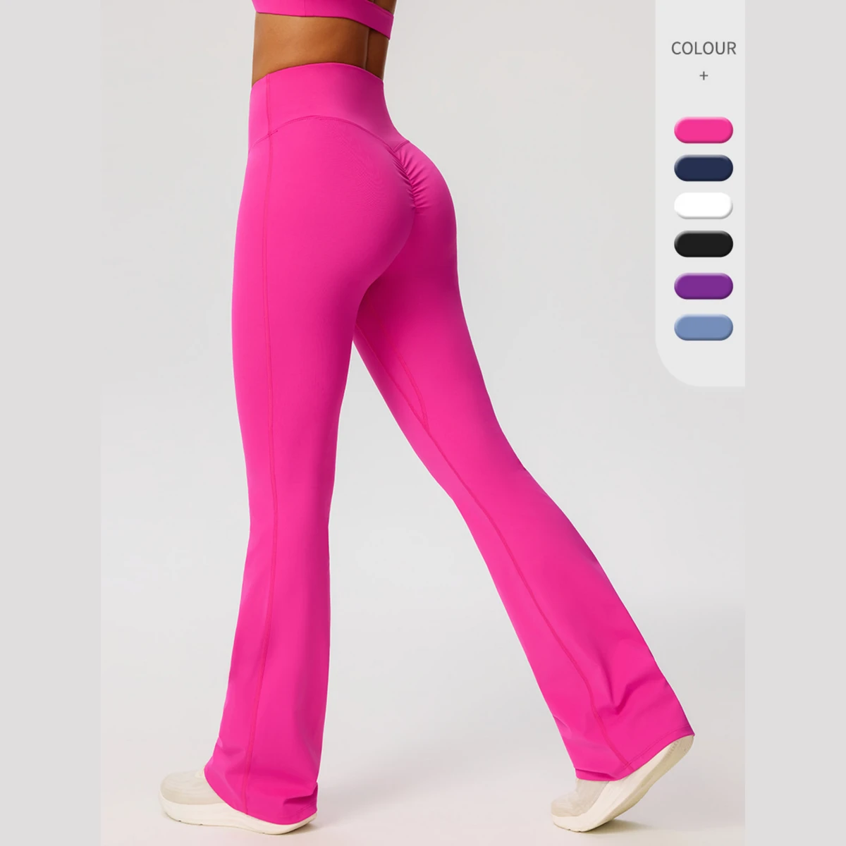 Yutuo OEM Women Solid High Waist Ruched Butt Lifting Flare Yoga Pants Nylon Spandex Tummy Control Quick Dry Four-Way Stretch Gym