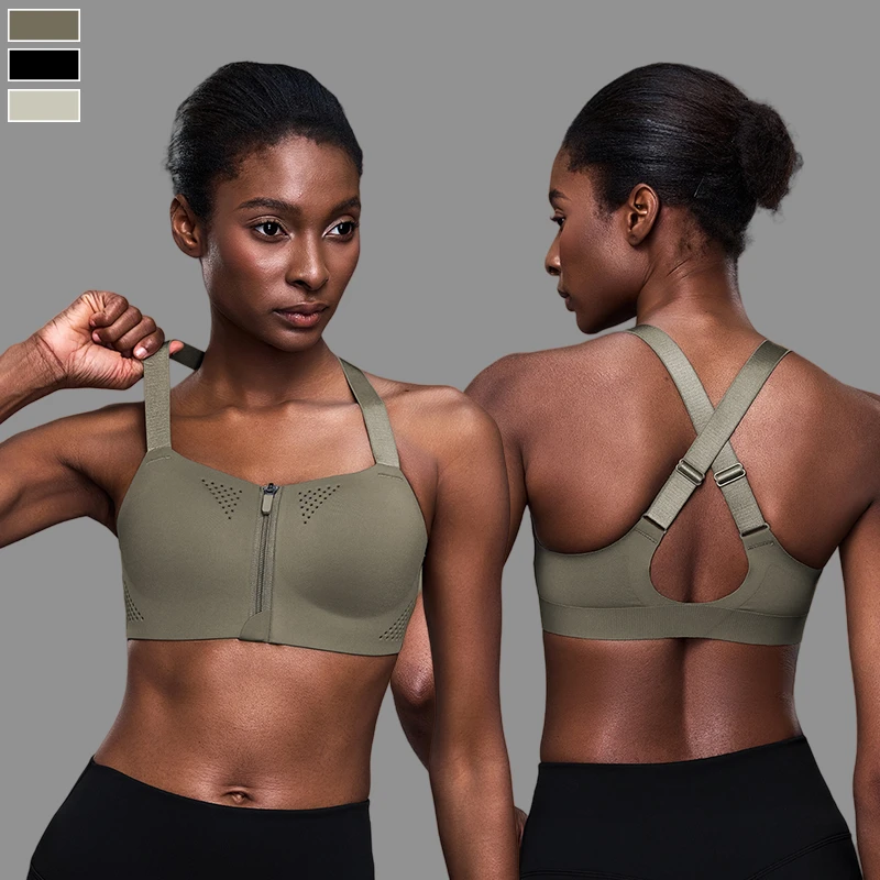 Custom Logo High Support Front Zipper Fitness Traceless Cross Adjustable Straps Lightweight One Piece Sports Bra For Women