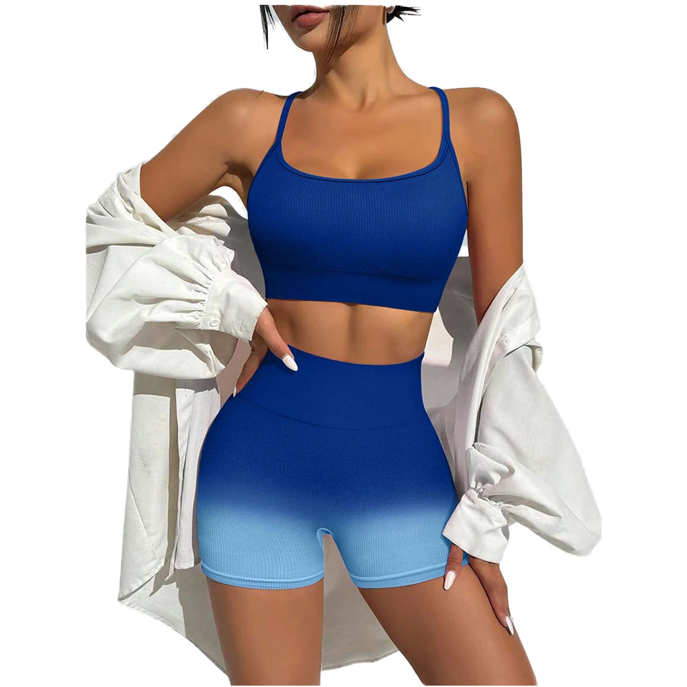 Sports Workout Yoga Two Pieces Set High Waist Breathable Adjusted Straps Bras and Gradient Blue Shorts for Woman